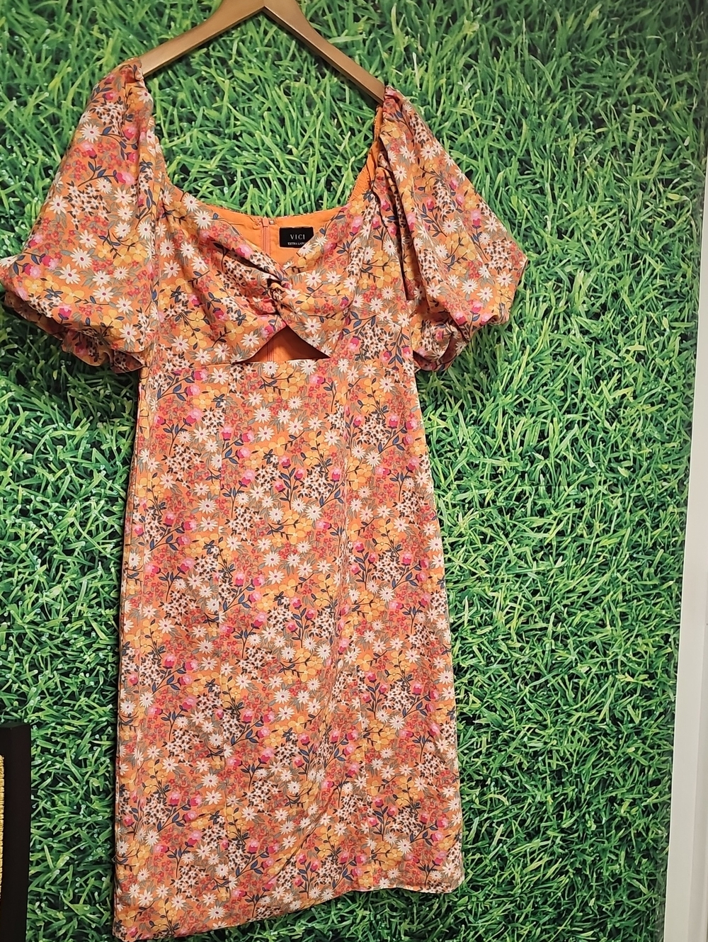 Vici Orange Floral Puff Sleeve Cutout Mini Dress